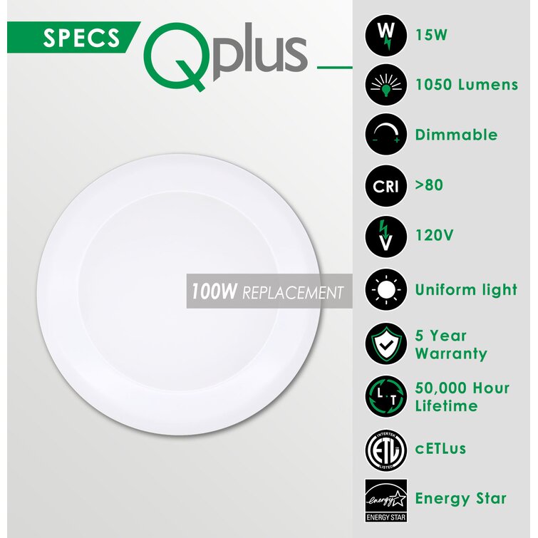 QPLUS 7.5Inch Disk Lights 15W 1050LM Dimmable LED Flush Mount